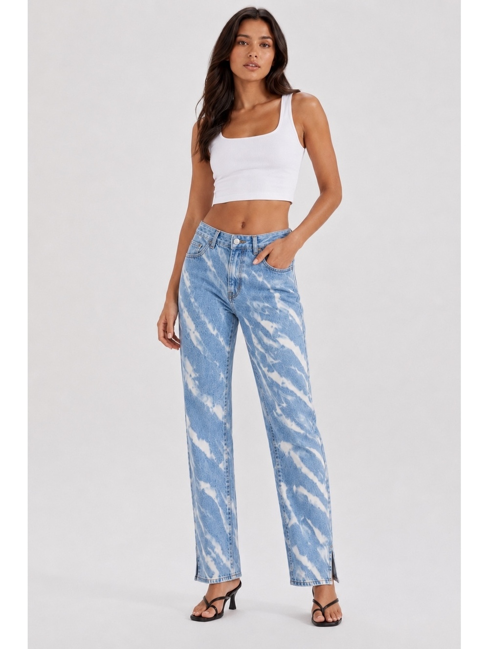 Lioness Alabama Bleached Tie Dye High Rise Straight Leg Jeans Blue White M